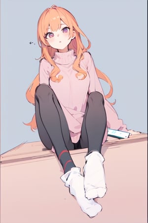 Young lady [Orange hair, pink sweater, black leggings, white socks] sitting on Office desk