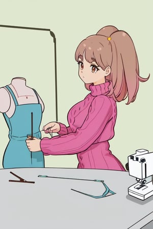 Epic. illustration. Young woman, beautiful Chestnut_hair, Brown_eyes, thick_eyebrows, long_hair. Pink coloured Fluffy_sweater. Dressmaking. Table with sewing machince. pastel_colors. Mannequin with blue fancy dress