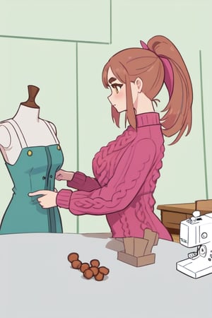 Epic. illustration. Young woman, beautiful Chestnut_hair, Brown_eyes, thick_eyebrows, long_hair, ponytail. Pink coloured Fluffy_sweater. Dressmaking. Table with sewing machince. pastel_colors. Mannequin with blue fancy dress. Clothes rail in background. Green walls.