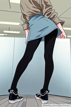 An illustration of an Office Lady with long black hair "wavey":2 and red eyes, wearing converse shoes