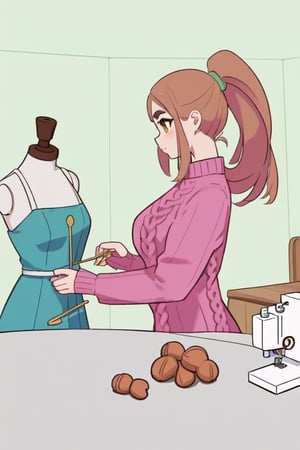 Epic. illustration. Young woman, beautiful Chestnut_hair, Brown_eyes, thick_eyebrows, long_hair, ponytail. Pink coloured Fluffy_sweater. Dressmaking. Table with sewing machince. pastel_colors. Mannequin with blue fancy dress. Clothes rail in background. Green walls.