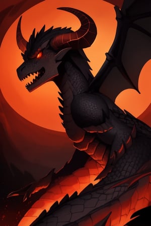 Epic. illustration. Dragonborn queen [dragon wings], slim, black_hair, red_eyes, angry_eyes, pretty_face, black_horns, red_scales. Orange_background, background_sky.