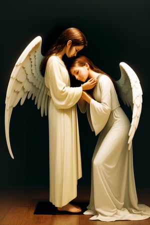 side view of an angel crying into her hands. stood side on.