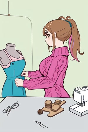 Epic. illustration. Young woman, beautiful Chestnut_hair, Brown_eyes, thick_eyebrows, long_hair, ponytail. Pink coloured Fluffy_sweater. Dressmaking. Table with sewing machince. pastel_colors. Mannequin with blue fancy dress