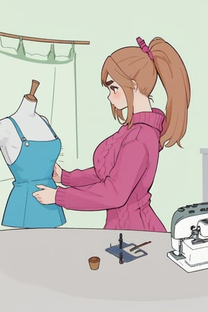 Epic. illustration. Young woman, Chestnut_hair, Brown_eyes, thick_eyebrows, long_hair. Fluffy_sweater. Dressmaking. Table with sewing machince. pastel_colors