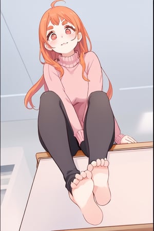 Young lady [Orange hair::no fringe::, pink sweater, black leggings, barefeet::good anatomy::]. Cute face, thick eyebrows, round eyes with large eyelashes. Sitting on Office desk. View from below.