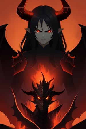 Epic. illustration. Dragonborn queen [dragon wings], slim, black_hair, red_eyes, angry_eyes, pretty_face, black_horns, red_scales. Orange_background, background_sky.