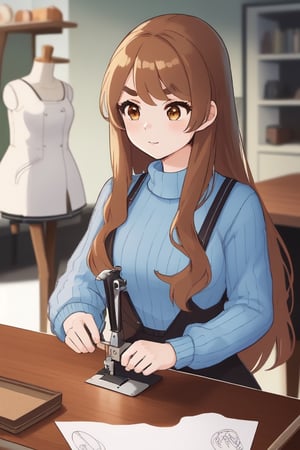 Epic. illustration. Young woman, Chestnut_hair, Brown_eyes, thick_eyebrows, long_hair. Fluffy_sweater. Dressmaking. Table with sewing machince. pastel_colors. Mannequin with blue fancy dress