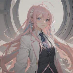 best quality, ultra detailed, 1girl, solo, blue pink hair, long hair, dark blue eyes, large breasts, little smile, white blazer (module), looking at viewer, ((1girl)), beautiful, masterpiece, best quality, shiny skin, only upper body, blushing, 