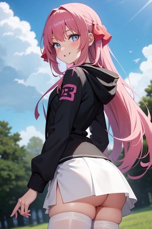 best quality, ultra detailed, 1girl, solo, standing on meadow, 1tree, red pink hair, long hair, black bowknots with white accent, dark blue eyes, large breasts, smile, white blazer (module), purple zip hoodie, looking at viewer, white pantyhose, ((1girl)), bottomless, sunny day, beautiful, masterpiece, best quality, shiny skin, big ass