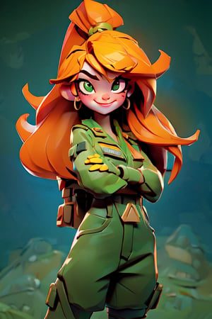 1 girl, ((tan skin)), orange hair, long hair, crop top, top army shirt, topwear, shorts, sexy bottomwear, forest green sneakers, thighhighs, stockings, legwear, fingerless gloves, ear piercing, eyebrow piercing, eyebrow ring, (gold eyes), smirk, military futuristic background, (realistic:1.2), (masterpiece:1.2), (full-body-shot:1.2),(Cowboy-shot:1.2), neon lighting, dark romantic lighting, (highly detailed:1.2),(detailed face:1.2), (gradients), colorful, detailed eyes, (detailed landscape:1.2), (natural lighting:1.2),(detailed background), detailed landscape, (glamour pose:1.2), solo, ,3DMM,