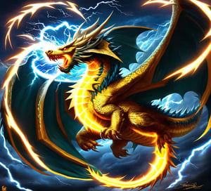 yellow lightning dragon,storm cloud,powerful storm,electricity,thunder,heavy rain,dark sky,roaring thunderbolts,strong wind,flashing light,bolts of lightning,ominous atmosphere,majestic creature,dark scales,sharp claws,fiery eyes,fierce expression,flying in the sky,spreading its wings,scaly texture,iridescent scales,twisted horns,serpentine body,glistening talons,spiky tail,gusts of wind,breathing fire,crackling energy,illuminating the darkness,dynamic movement,awe-inspiring presence,otherworldly creature,storm's fury,presiding over the storm,unleashing its power,unstoppable force,battle between nature's elements,breathtaking scene,mesmerizing spectacle,able to control the storm,majestic beauty,raw power,creating chaos with every movement,violent rumbles,unpredictable nature,symbol of strength and power,clash of nature's might,artistically rendered,high-res masterpiece,bold colors and contrasts,vivid and intense hues,dramatic lighting,creating a sense of awe and wonder.