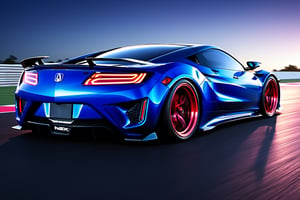 (((A photo realistic image of a 2023 Acura NSX))), ((Wide View)), (setting race track), ((wide shot)) , sharp, detailed car body , detailed tires, (masterpiece, best quality, ultra-detailed, 8K), race car, street racing-inspired, Drifting inspired, LED, ((Twin headlights)), (((Bright neon color racing stripes))), (Black racing wheels), Wheel spin showing motion, Show car in motion, Burnout,  wide body kit, modified car,  racing livery, masterpiece, best quality, realistic, ultra high res, (((depth of field))), (full dual color neon lights:1.2), (hard dual color lighting:1.4), (detailed background), (masterpiece:1.2), (ultra detailed), (best quality), intricate, comprehensive cinematic, magical photography, (gradients), glossy, Fast action style, Sideways drifting in to a turns, ,DonMPl4sm4T3chXL ,more detail XL,Movie Still