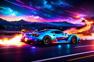 angelic sports car, blue and white colors, bright sky, colorful beautiful mountain, sharp, clouds, detailed car body ,ethereal art, detailed tires, fire scene, more detail, (masterpiece, best quality, ultra-detailed, 8K), race car, street racing-inspired,Drifting inspired, LED, ((Twin headlights)), (((Bright neon color racing stripes))), (Black racing wheels), Wheelspin showing motion, Show car in motion, Burnout,  wide body kit, modified car,  racing livery, masterpiece, best quality, realistic, ultra highres, (((depth of field))), (full dual colour neon lights:1.2), (hard dual color lighting:1.4), (detailed background), (masterpiece:1.2), (ultra detailed), (best quality), intricate, comprehensive cinematic, magical photography, (gradients), glossy, Night with galaxy sky, Fast action style, fire out of tail pipes, Sideways drifting in to a turn, Neon galaxy metalic paint with race stripes, GTR Nismo, NSX, Porsche, Lamborghini, Ferrari, Bugatti, Ariel Atom, BMW, Audi, Mazda, Toyota supra, Lamborghini Aventador,  aesthetic,intricate, realistic,cinematic lighting, Neon Paint, streaks of fire,c_car,more detail XL,mecha,Concept Cars,DonMPl4sm4T3chXL ,Sexy,vaporwave style,Comic Book-Style 2d,spcrft,3d toon style