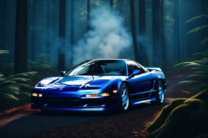 A photorealistic image of a 1994 Acura NSX sitting in middle of quiet forest and a smokey, car photography, 8k, unreal engine, masterpiece,detailmaster2