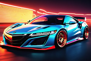 (((A photo realistic image of a 1994 Acura NSX))), ((Wide View)), (setting race track), ((wide shot)) , sharp, detailed car body , detailed tires, (masterpiece, best quality, ultra-detailed, 8K), race car, street racing-inspired, Drifting inspired, LED, ((Twin headlights)), (((Bright neon color racing stripes))), (Black racing wheels), Wheel spin showing motion, Show car in motion, Burnout,  wide body kit, modified car,  racing livery, masterpiece, best quality, realistic, ultra high res, (((depth of field))), (full dual color neon lights:1.2), (hard dual color lighting:1.4), (detailed background), (masterpiece:1.2), (ultra detailed), (best quality), intricate, comprehensive cinematic, magical photography, (gradients), glossy, Fast action style, Sideways drifting in to a turns, ,DonMPl4sm4T3chXL 