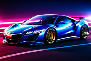 (((A photo realistic image of a 1999 Acura NSX))), ((Wide View)), (setting race track), ((wide shot)) , sharp, detailed car body , detailed tires, (masterpiece, best quality, ultra-detailed, 8K), race car, street racing-inspired, Drifting inspired, LED, ((Twin headlights)), (((Bright neon color racing stripes))), (Black racing wheels), Wheel spin showing motion, Show car in motion, Burnout,  wide body kit, modified car,  racing livery, masterpiece, best quality, realistic, ultra high res, (((depth of field))), (full dual color neon lights:1.2), (hard dual color lighting:1.4), (detailed background), (masterpiece:1.2), (ultra detailed), (best quality), intricate, comprehensive cinematic, magical photography, (gradients), glossy, Fast action style, Sideways drifting in to a turns, ,DonMPl4sm4T3chXL ,more detail XL,Movie Still