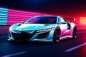 (((A photo realistic image of a Acura NSX))), ((Wide View)), (setting race track), ((wide shot)) , sharp, detailed car body , detailed tires, (masterpiece, best quality, ultra-detailed, 8K), race car, street racing-inspired, Drifting inspired, LED, ((Twin headlights)), (((Bright neon color racing stripes))), (Black racing wheels), Wheel spin showing motion, Show car in motion, Burnout,  wide body kit, modified car,  racing livery, masterpiece, best quality, realistic, ultra high res, (((depth of field))), (full dual color neon lights:1.2), (hard dual color lighting:1.4), (detailed background), (masterpiece:1.2), (ultra detailed), (best quality), intricate, comprehensive cinematic, magical photography, (gradients), glossy, Fast action style, Sideways drifting in to a turns, ,DonMPl4sm4T3chXL ,more detail XL,Movie Still