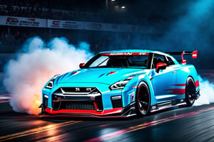 (((A photo realistic image of a Nissan GT-R Nismo 2023))), ((wide shot)) , sharp, detailed car body ,Flame Paint, detailed tires, (masterpiece, best quality, ultra-detailed, 8K), race car, street racing-inspired, Drifting inspired, LED, ((Twin headlights)), (((Bright neon color racing stripes))), (Black racing wheels), Wheel spin showing motion, Show car in motion, Burnout,  wide body kit, modified car,  racing livery, masterpiece, best quality, realistic, ultra high res, (((depth of field))), (full dual color neon lights:1.2), (hard dual color lighting:1.4), (detailed background), (masterpiece:1.2), (ultra detailed), (best quality), intricate, comprehensive cinematic, magical photography, (gradients), glossy, Fast action style, Sideways drifting in to a turns, 