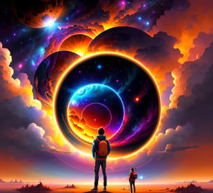 a man standing in front of a space portal with a view of the sun, cyril rolando and goro fujita, portal to another universe, inspired by Cyril Rolando, portal to another dimension, world seen only through a portal, high quality fantasy stock photo, portal to another world, portal to outer space, in style of cyril rolando, looking out into space