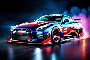 (((A photo realistic image of a Nissan GT-R Nismo 2023))), ((wide shot)) , sharp, detailed car body ,Flame Paint, detailed tires, (masterpiece, best quality, ultra-detailed, 8K), race car, street racing-inspired, Drifting inspired, LED, ((Twin headlights)), (((Bright neon color racing stripes))), (Black racing wheels), Wheel spin showing motion, Show car in motion, Burnout,  wide body kit, modified car,  racing livery, masterpiece, best quality, realistic, ultra high res, (((depth of field))), (full dual color neon lights:1.2), (hard dual color lighting:1.4), (detailed background), (masterpiece:1.2), (ultra detailed), (best quality), intricate, comprehensive cinematic, magical photography, (gradients), glossy, Fast action style, Sideways drifting in to a turns, 