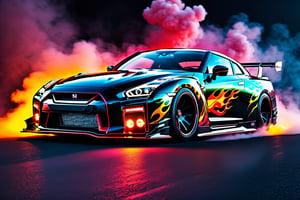 A photo realistic image of a Nissan GT-R Nismo 2023 
, sharp, detailed car body ,ethereal art, detailed tires, fire scene, (masterpiece, best quality, ultra-detailed, 8K), race car, street racing-inspired, Drifting inspired, LED, ((Twin headlights)), (((Bright neon color racing stripes))), (Black racing wheels), Wheel spin showing motion, Show car in motion, Burnout,  wide body kit, modified car,  racing livery, masterpiece, best quality, realistic, ultra high res, (((depth of field))), (full dual color neon lights:1.2), (hard dual color lighting:1.4), (detailed background), (masterpiece:1.2), (ultra detailed), (best quality), intricate, comprehensive cinematic, magical photography, (gradients), glossy, Fast action style, fire out of tail pipes, Sideways drifting in to a turns, Neon galaxy metalic paint with race stripes,