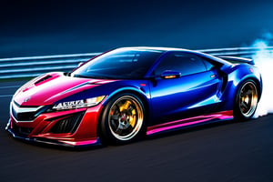 (((A photo realistic image of a 1999 Acura NSX))), ((Wide View)), (setting race track), ((wide shot)) , sharp, detailed car body , detailed tires, (masterpiece, best quality, ultra-detailed, 8K), race car, street racing-inspired, Drifting inspired, LED, ((Twin headlights)), (((Bright neon color racing stripes))), (Black racing wheels), Wheel spin showing motion, Show car in motion, Burnout,  wide body kit, modified car,  racing livery, masterpiece, best quality, realistic, ultra high res, (((depth of field))), (full dual color neon lights:1.2), (hard dual color lighting:1.4), (detailed background), (masterpiece:1.2), (ultra detailed), (best quality), intricate, comprehensive cinematic, magical photography, (gradients), glossy, Fast action style, Sideways drifting in to a turns, ,DonMPl4sm4T3chXL ,more detail XL,Movie Still