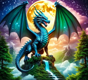 ((best quality)), ((masterpiece)), (detailed), powerful dragon, in a magical forest, mystical sky, bright moon (detailed cloudscape:1.3), (high-resolution:1.2)