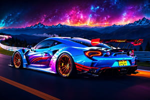 angelic sports car, blue and white colors, bright sky, colorful beautiful mountain, sharp, clouds, detailed car body ,ethereal art, detailed tires, fire scene, more detail, (masterpiece, best quality, ultra-detailed, 8K), race car, street racing-inspired,Drifting inspired, LED, ((Twin headlights)), (((Bright neon color racing stripes))), (Black racing wheels), Wheelspin showing motion, Show car in motion, Burnout,  wide body kit, modified car,  racing livery, masterpiece, best quality, realistic, ultra highres, (((depth of field))), (full dual colour neon lights:1.2), (hard dual color lighting:1.4), (detailed background), (masterpiece:1.2), (ultra detailed), (best quality), intricate, comprehensive cinematic, magical photography, (gradients), glossy, Night with galaxy sky, Fast action style, fire out of tail pipes, Sideways drifting in to a turn, Neon galaxy metalic paint with race stripes, GTR Nismo, NSX, Porsche, Lamborghini, Ferrari, Bugatti, Ariel Atom, BMW, Audi, Mazda, Toyota supra, Lamborghini Aventador,  aesthetic,intricate, realistic,cinematic lighting, Neon Paint, streaks of fire,c_car,more detail XL,mecha,Concept Cars,DonMPl4sm4T3chXL ,Sexy,vaporwave style,Comic Book-Style 2d,spcrft
