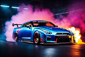 (((A photo realistic image of a Nissan GT-R Nismo 2023))), ((wide shot)) , sharp, detailed car body ,ethereal art, detailed tires, fire scene, (masterpiece, best quality, ultra-detailed, 8K), race car, street racing-inspired, Drifting inspired, LED, ((Twin headlights)), (((Bright neon color racing stripes))), (Black racing wheels), Wheel spin showing motion, Show car in motion, Burnout,  wide body kit, modified car,  racing livery, masterpiece, best quality, realistic, ultra high res, (((depth of field))), (full dual color neon lights:1.2), (hard dual color lighting:1.4), (detailed background), (masterpiece:1.2), (ultra detailed), (best quality), intricate, comprehensive cinematic, magical photography, (gradients), glossy, Fast action style, fire out of tail pipes, Sideways drifting in to a turns, Neon galaxy metalic paint with race stripes,