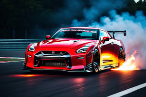 (((A photo realistic image of a Nissan GT-R Nismo 2023))), ((wide shot)) , sharp, detailed car body ,Flame Paint stripes, detailed tires, (masterpiece, best quality, ultra-detailed, 8K), race car, street racing-inspired, Drifting inspired, LED, ((Twin headlights)), (((Bright neon color racing stripes))), (Black racing wheels), Wheel spin showing motion, Show car in motion, Burnout,  wide body kit, modified car,  racing livery, masterpiece, best quality, realistic, ultra high res, (((depth of field))), (full dual color neon lights:1.2), (hard dual color lighting:1.4), (detailed background), (masterpiece:1.2), (ultra detailed), (best quality), intricate, comprehensive cinematic, magical photography, (gradients), glossy, Fast action style, fire out of tail pipes, Sideways drifting in to a turns, 