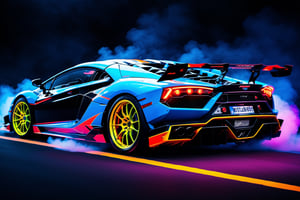  (masterpiece, best quality, ultra-detailed, 8K), race car, street racing-inspired,Drifting inspired, LED, ((Twin headlights)), (((Bright neon color racing stripes))), (Black racing wheels), Wheelspin showing motion, Show car in motion, Burnout,  wide body kit, modified car,  racing livery, masterpiece, best quality, realistic, ultra highres, (((depth of field))), (full dual colour neon lights:1.2), (hard dual color lighting:1.4), (detailed background), (masterpiece:1.2), (ultra detailed), (best quality), intricate, comprehensive cinematic, magical photography, (gradients), glossy, Night with galaxy sky, Fast action style, fire out of tail pipes, Sideways drifting in to a turn, Neon galaxy metalic paint with race stripes, GTR Nismo, NSX, Porsche, Lamborghini, Ferrari, Bugatti, Ariel Atom, BMW, Audi, Mazda, Toyota supra, Lamborghini Aventador,  aesthetic,intricate, realistic,cinematic lighting, Neon Paint, streaks of fire,c_car,more detail XL