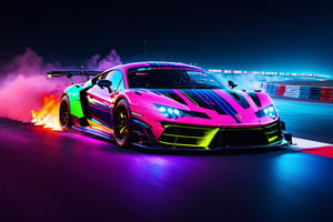  (masterpiece, best quality, ultra-detailed, 8K), race car, street racing-inspired,Drifting inspired, LED, ((Twin headlights)), (((Bright neon color racing stripes))), (Black racing wheels), Wheelspin showing motion, Show car in motion, Burnout,  wide body kit, modified car,  racing livery, masterpiece, best quality, realistic, ultra highres, (((depth of field))), (full dual colour neon lights:1.2), (hard dual color lighting:1.4), (detailed background), (masterpiece:1.2), (ultra detailed), (best quality), intricate, comprehensive cinematic, magical photography, (gradients), glossy, Night with galaxy sky, Fast action style, fire out of tail pipes, Sideways drifting in to a turn, Neon galaxy metalic paint with race stripes, GTR Nismo, NSX, Porsche, Lamborghini, Ferrari, Bugatti, Ariel Atom, BMW, Audi, Mazda, Toyota supra, Lamborghini Aventador,  aesthetic,intricate, realistic,cinematic lighting, Neon Paint, streaks of fire,c_car,more detail XL,mecha,Concept Cars,DonMPl4sm4T3chXL ,Sexy,vaporwave style