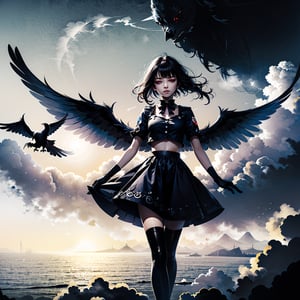 (((masterpiece))),best quality, extremely detailed CG unity 8k, illustration, contour deepening beautiful detailed glow,(beautiful detailed eyes), (1 girl:1.1), ((Bana)), large top sleeves, Floating black ashes, Beautiful and detailed black, red moon, ((The black clouds)), (black Wings) , a black cloudy sky, burning, black dress, (beautiful detailed eyes), black expressionless, beautiful detailed white gloves, (crow), bat, (floating black cloud:1.5),white and black hair, disheveled hair, long bangs, hairs between eyes, black knee-highs, black ribbon, white bowties, midriff,{{{half closed eyes}}},((Black fog)), Red eyes, (black smoke), complex pattern, ((Black feathers floating in the air)), (((arms behind back)))