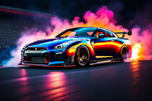 (((A photo realistic image of a Nissan GT-R Nismo 2023))), ((wide shot)) , sharp, detailed car body ,ethereal art, detailed tires, fire scene, (masterpiece, best quality, ultra-detailed, 8K), race car, street racing-inspired, Drifting inspired, LED, ((Twin headlights)), (((Bright neon color racing stripes))), (Black racing wheels), Wheel spin showing motion, Show car in motion, Burnout,  wide body kit, modified car,  racing livery, masterpiece, best quality, realistic, ultra high res, (((depth of field))), (full dual color neon lights:1.2), (hard dual color lighting:1.4), (detailed background), (masterpiece:1.2), (ultra detailed), (best quality), intricate, comprehensive cinematic, magical photography, (gradients), glossy, Fast action style, fire out of tail pipes, Sideways drifting in to a turns, Neon galaxy metalic paint with race stripes,