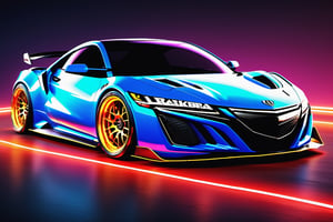 (((A photo realistic image of a  Acura NSX))), ((Wide View)), (setting race track), ((wide shot)) , sharp, detailed car body , detailed tires, (masterpiece, best quality, ultra-detailed, 8K), race car, street racing-inspired, Drifting inspired, LED, ((Twin headlights)), (((Bright neon color racing stripes))), (Black racing wheels), Wheel spin showing motion, Show car in motion, Burnout,  wide body kit, modified car,  racing livery, masterpiece, best quality, realistic, ultra high res, (((depth of field))), (full dual color neon lights:1.2), (hard dual color lighting:1.4), (detailed background), (masterpiece:1.2), (ultra detailed), (best quality), intricate, comprehensive cinematic, magical photography, (gradients), glossy, Fast action style, Sideways drifting in to a turns, ,DonMPl4sm4T3chXL 