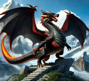 (Best quality,4K,High-res,Masterpiece:1.2),Extremely detailed,Gigantic,Western Dragon,Black Dragon,immensity,Ferocious creatures,Terrifying,Sharp scales,Vibrant colors,hot atmosphere,treasure,soaring through the sky,Overwhelming presence,Majestic wingspan,Sinister gaze,mythological creatures,mito,Landskaper,JRP style