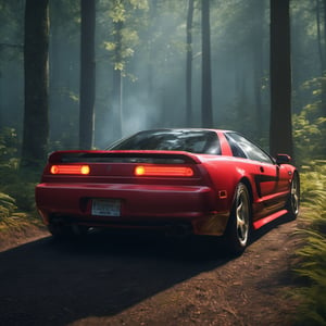 A photorealistic image of a 1994 Acura NSX sitting in middle of quiet forest and a smokey, car photography, 8k, unreal engine, masterpiece,detailmaster2