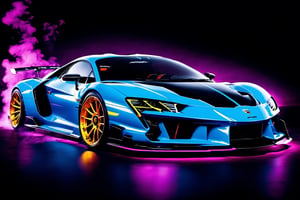  (masterpiece, best quality, ultra-detailed, 8K), race car, street racing-inspired,Drifting inspired, LED, ((Twin headlights)), (((Bright neon color racing stripes))), (Black racing wheels), Wheelspin showing motion, Show car in motion, Burnout,  wide body kit, modified car,  racing livery, masterpiece, best quality, realistic, ultra highres, (((depth of field))), (full dual colour neon lights:1.2), (hard dual color lighting:1.4), (detailed background), (masterpiece:1.2), (ultra detailed), (best quality), intricate, comprehensive cinematic, magical photography, (gradients), glossy, Night with galaxy sky, Fast action style, fire out of tail pipes, Sideways drifting in to a turn, Neon galaxy metalic paint with race stripes, GTR Nismo, NSX, Porsche, Lamborghini, Ferrari, Bugatti, Ariel Atom, BMW, Audi, Mazda, Toyota supra, Lamborghini Aventador,  aesthetic,intricate, realistic,cinematic lighting, Neon Paint, streaks of fire,c_car