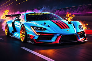 (masterpiece, best quality, ultra-detailed, 8K), race car, street racing-inspired,Drifting inspired, LED, ((Twin headlights)), (((Bright neon color racing stripes))), (Black racing wheels), Wheelspin showing motion, Show car in motion, Burnout,  wide body kit, modified car,  racing livery, masterpiece, best quality, realistic, ultra highres, (((depth of field))), (full dual colour neon lights:1.2), (hard dual color lighting:1.4), (detailed background), (masterpiece:1.2), (ultra detailed), (best quality), intricate, comprehensive cinematic, magical photography, (gradients), glossy, Night with galaxy sky, Fast action style, fire out of tail pipes, Sideways drifting in to a turn, Neon galaxy metalic paint with race stripes, GTR Nismo, NSX, Porsche, Lamborghini, Ferrari, Bugatti, Ariel Atom, BMW, Audi, Mazda, Toyota supra, Lamborghini Aventador,  aesthetic,intricate, realistic,cinematic lighting, Neon Paint, streaks of fire,c_car,more detail XL,mecha,Concept Cars,DonMPl4sm4T3chXL 