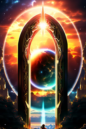 person, standing in front of a space portal overlooking the sun, Cyril Rolando and Goro Fujita, A portal to another universe, inspired by Cyril Rolando, Portal to another dimension, world, visible only through the portal, high quality fantasy stock photo, Portal to another world, Portal to outer space, in the style of Cyril Rolando,  Looking into space, universe, Magical Galactic Portal, The Cycle of the Stars, God,DonMD34thM4g1cXL,Magical Fantasy style