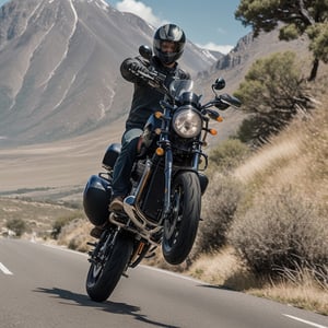 araffe riding a motorcycle on a road with a mountain in the background, riding a futuristic motorcycle, triumph, cover shot, touring, a wide full shot, 🤬 🤮 💕 🎀, wide angle dynamic action shot, riding a motorcycle, wheelie, riding, by Wayne England, scenic full shot, dynamic angled shot, sitting on a motorcycle