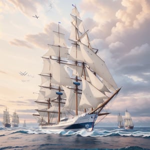 (((Large clipper ships sailing on the pacific ocean)), (hyper-detailed scenery:1.5), (sharpen details:1.2), high detail, Hyperrealism, wide shot, masterpiece, super detail, award winning, highres, 4K, best quality, Nature,Perfect dramatic lighting,firefliesfireflies