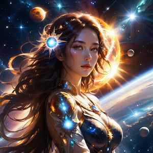 a goddess-like beautiful being is holding a brightly glowing sun at her hands in space there are nebulas and stars at the scene, the character is almost transparent and has bright white glowing eyes, artstation masterpiece, space, planets, stars, sun, solar flares, realistic