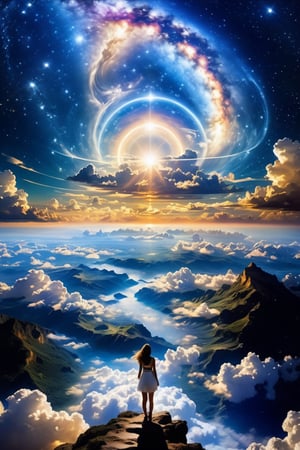 As he traveled back in his past, someone meets him in a Chronos Portal, river, galaxy, prodigal son, unknown path,Step into a world of wonder and ethereal beauty, where reality and dreams intertwine. Visualize an awe-inspiring scene - a breathtaking view of a sea of stars, shimmering brilliantly above a blanket of fluffy clouds. In the foreground, a young girl stands on a cloud, her silhouette poised against the celestial panorama.
BREAK 
Describe the girl's stance as she gazes up at the vast expanse of twinkling stars, capturing her sense of awe and reverence. Explore the emotions evoked by the scene - a mix of wonder, curiosity, and a deep connection to the vastness of the universe. Consider the significance of this moment for the girl - is she contemplating her place in the cosmos, seeking solace or inspiration, or perhaps embarking on a celestial journey of her own?
BREAK 
Craft a brief narrative or evoke a sense of atmosphere, using evocative language to emphasize the surreal and otherworldly nature of the scene. Explore the interplay between the tangible and the intangible - the solid cloud beneath her feet contrasting with the infinite expanse of stars above. Consider incorporating sensory details such as the soft touch of the cloud, the sound of distant celestial music, or the faint scent of stardust in the air.