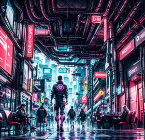 Industrial-style city, Sci-fi, High res, well-detailed geometric shapes, cyber city, colourful pink  and purple banners on the walls, natural sunlight, perfect shadow, perfect bounce light, accurate lighting, super sci-fi city, Cyberpunk, 0ne point perspective, DonMC3l3st14l3xpl0r3rsXL, metal steel building, outdoors,indoors metal steel building, food court, outdoor,adstech,wrench_elven_arch,Cyberpunk