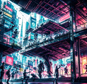 Industrial-style city, Sci-fi, High res, well-detailed geometric shapes, cyber city, colourful pink banners on the walls, natural sunlight, perfect shadow, perfect bounce light, accurate lighting, super sci-fi city, Cyberpunk, 0ne point perspective, DonMC3l3st14l3xpl0r3rsXL, metal steel building, outdoors,indoors metal steel building, food court, outdoor,adstech,wrench_elven_arch,Cyberpunk