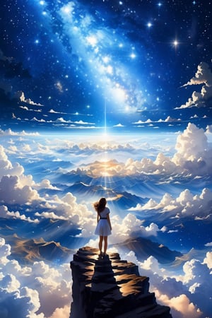 Step into a world of wonder and ethereal beauty, where reality and dreams intertwine. Visualize an awe-inspiring scene - a breathtaking view of a sea of stars, shimmering brilliantly above a blanket of fluffy clouds. In the foreground, a young girl stands on a cloud, her silhouette poised against the celestial panorama.
BREAK 
Describe the girl's stance as she gazes up at the vast expanse of twinkling stars, capturing her sense of awe and reverence. Explore the emotions evoked by the scene - a mix of wonder, curiosity, and a deep connection to the vastness of the universe. Consider the significance of this moment for the girl - is she contemplating her place in the cosmos, seeking solace or inspiration, or perhaps embarking on a celestial journey of her own?
BREAK 
Craft a brief narrative or evoke a sense of atmosphere, using evocative language to emphasize the surreal and otherworldly nature of the scene. Explore the interplay between the tangible and the intangible - the solid cloud beneath her feet contrasting with the infinite expanse of stars above. Consider incorporating sensory details such as the soft touch of the cloud, the sound of distant celestial music, or the faint scent of stardust in the air.