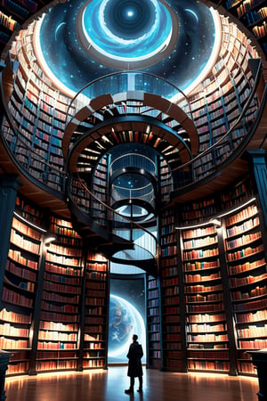 arafed image of a man standing in a library with books, endless books, borne space library artwork, books cave, fantasy book illustration, spiral shelves full of books, infinite celestial library, an eternal library, gothic epic library concept, magic library, japanese sci - fi books art, beeple and jean giraud, books all over the place