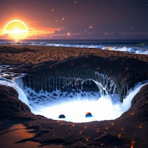 (((A beach at sun set sun a red and orange orb setting on the horizon on the beach is a hole that wills with water when waves wash over it caslled Thor's Well on the Oregon coast )), (hyper-detailed scenery:1.5), (sharpen details:1.2), high detail, Hyperrealism, wide shot, masterpiece, super detail, award winning, highres, 4K, best quality, Nature,Perfect dramatic lighting,firefliesfireflies